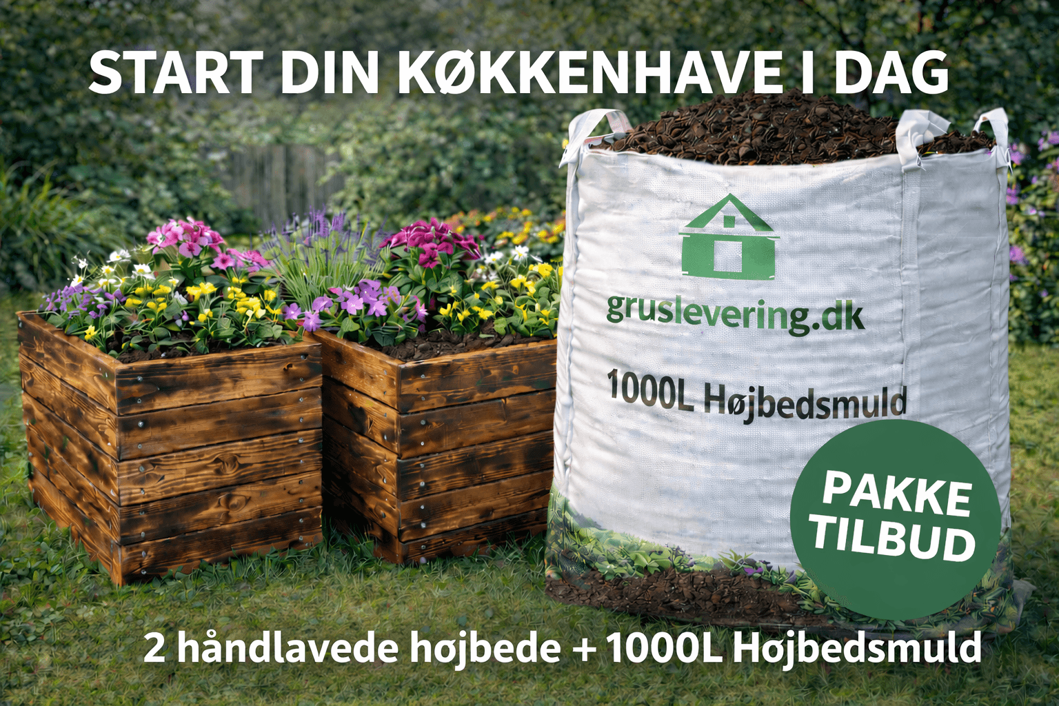 Stor højbedspakke - 2 højbede (brændt og olieret) + 1200 liter jord til køkkenhaven
