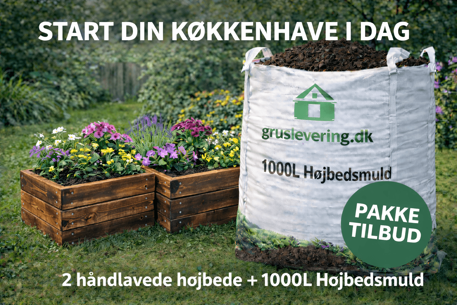 Lille højbedspakke med jord (600 L) og 2 højbede (brændt og olieret)